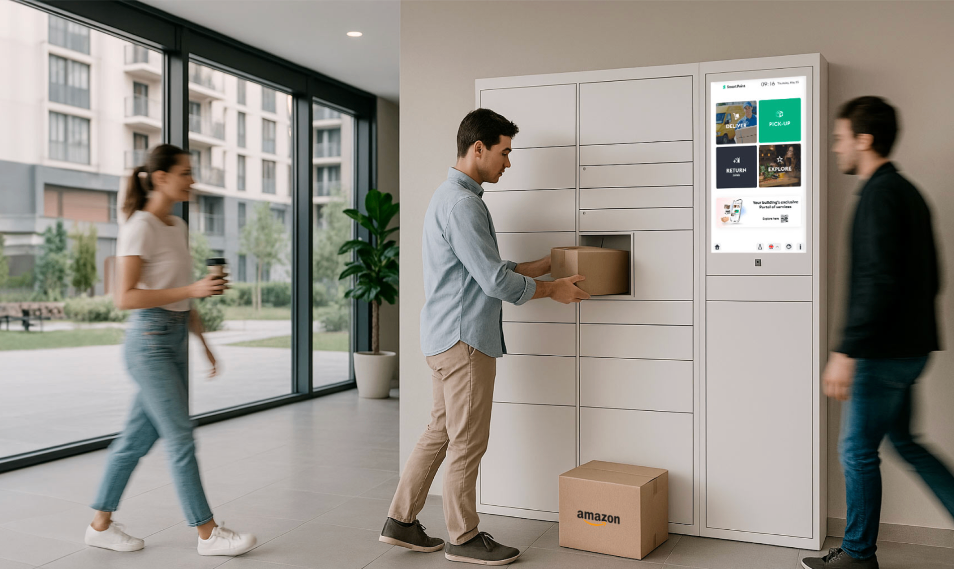 Resident using a Smart Point locker in a building lobby